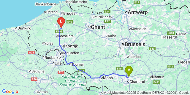 Map: Charleroi Airport Brussels South (CRL) to Zwevezele