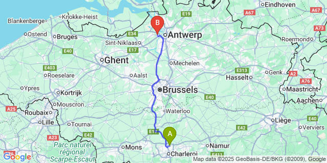 Map: Charleroi Airport Brussels South (CRL) to Zwijndrecht
